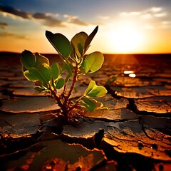 Against a backdrop of a fiery sunset sky, a resilient young plant emerges from the fractured, barren earth. Its verdant leaves bask in the fading sunlight, defying the unforgiving desert conditions