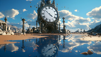 3D rendering of a fantasy landscape with a clock in the foreground - obrazy, fototapety, plakaty