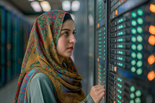 Iranian network engineer, middle aged woman in mid-40's and wearing a hijab, working in a data center, against a white background