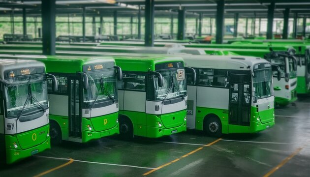 Fleet at Rest: Line of Green and White Buses Parked in Depot