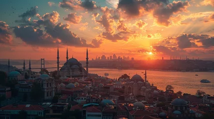 Foto op Canvas Istanbul sunset, connecting continents, wide view, warm tones for a cultural wallpaper , photographic style © NatthyDesign
