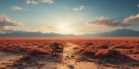 Vintage Armchair in a Deserted Landscape at Sunset - 770941912
