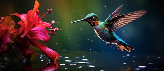 Fototapeta premium A bird, possibly a hummingbird with its long beak, hovers near a flower in the water. This event showcases wildlife interacting with a terrestrial plant in its liquid habitat
