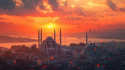 Foto op Canvas Istanbul sunset, connecting continents, wide view, warm tones for a cultural wallpaper , photographic style © NatthyDesign