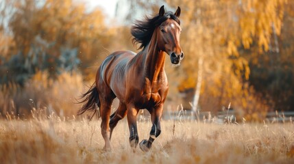 Beautiful brown horse run forward in savanna. AI generated image