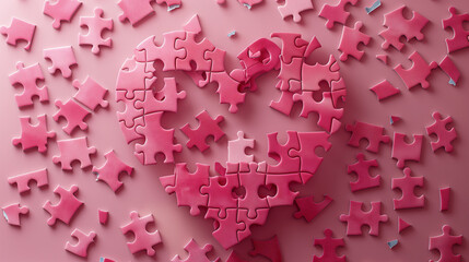 Pink puzzle pieces forming a heart shape - teamwork and success