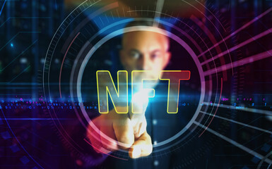 NFT non-fungible token symbol digital 3d finger touch - obrazy, fototapety, plakaty