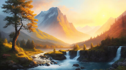 Mountain landscape with waterfalls against the backdrop of a high mountain in the morning during sunrise - obrazy, fototapety, plakaty