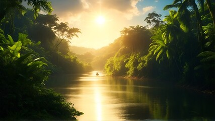 Tropical landscape with overgrown trees on the riverbanks at sunset