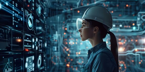 Smart industry engineer using data control and sustainable energy to increase productivity in manufacturing. Concept Smart Industry Engineer, Data Control, Sustainable Energy, Productivity