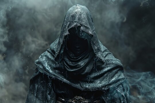 Mysterious Figure in Hooded Cloak Amidst Smoke