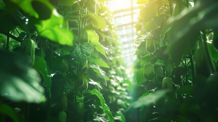 Fresh cucumbers growing in a greenhouse - obrazy, fototapety, plakaty