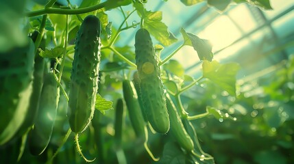 Fresh cucumbers growing in a greenhouse - obrazy, fototapety, plakaty