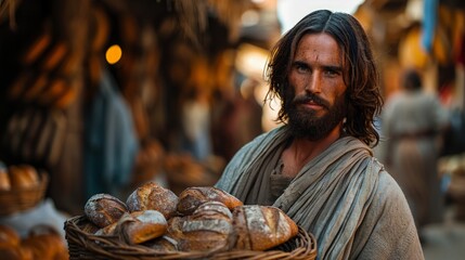 Man Holding Basket of Bread