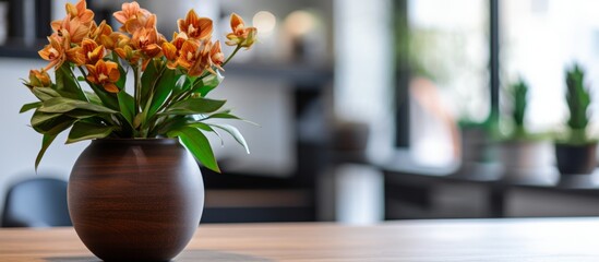 A vase filled with orange flowers is placed on a wooden table, adding a pop of color to the room. The vibrant petals brighten up the space - obrazy, fototapety, plakaty