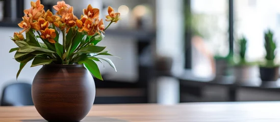 Foto op Plexiglas A vase filled with orange flowers is placed on a wooden table, adding a pop of color to the room. The vibrant petals brighten up the space © AkuAku