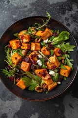 A salad with roasted sweet potato, feta, walnuts, cranberries on mixed greens on dark background