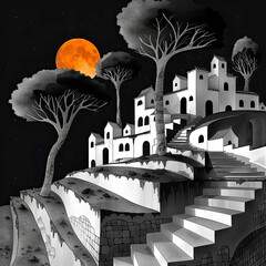 Illustration of village in black and white, fine art.