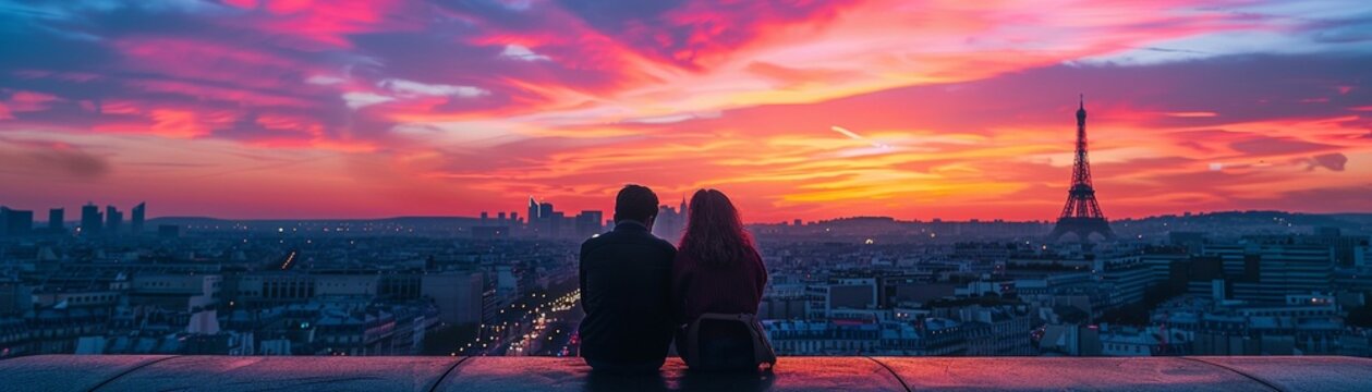 Fototapeta Paris dusk, Eiffel Tower silhouette, wide view, romantic hues for a charming wallpaper , high-resolution