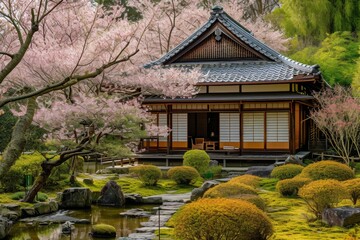 Traditional Japanese-Style House Surrounded by Trees and Rocks, A Japanese tea house during cherry blossom season, AI Generated