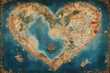 A heart-shaped map adorned with various ships sailing in different directions, A journey of love...
