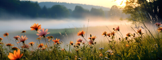 Bright flowers in the meadow in front of the forest in the morning mist during sunrise