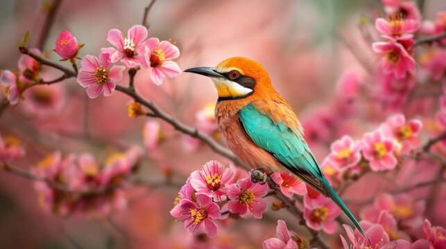 A colorful bird rest on branch of tree full of pink flowers. AI generated image