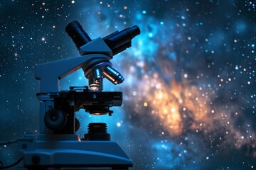 A detailed view of a microscope set against the backdrop of a sky filled with stars, A laboratory microscope surrounded by a starry sky, AI Generated