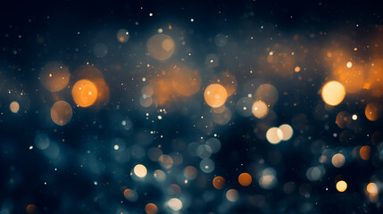Blurred dark background with bokeh, golden reflections. Background with gold and yellow spots. Blurred lights, festive design for holidays