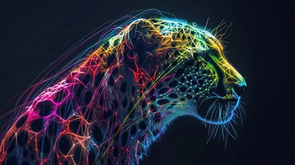 Foto op Canvas Abstract 3d colorful hologram cheetah animal drawing in dark background. AI generated © orendesain99