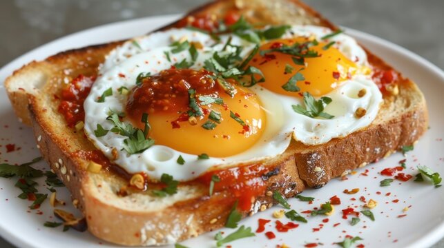 Delicious fried egg with chili on toast at white plate. AI generated image