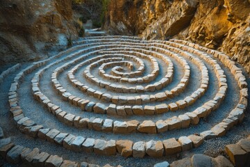 A stone maze located in the midst of towering mountain peaks, offering an intriguing challenge for explorers, A labyrinth symbolizing the struggle of overcoming opioid addiction, AI Generated