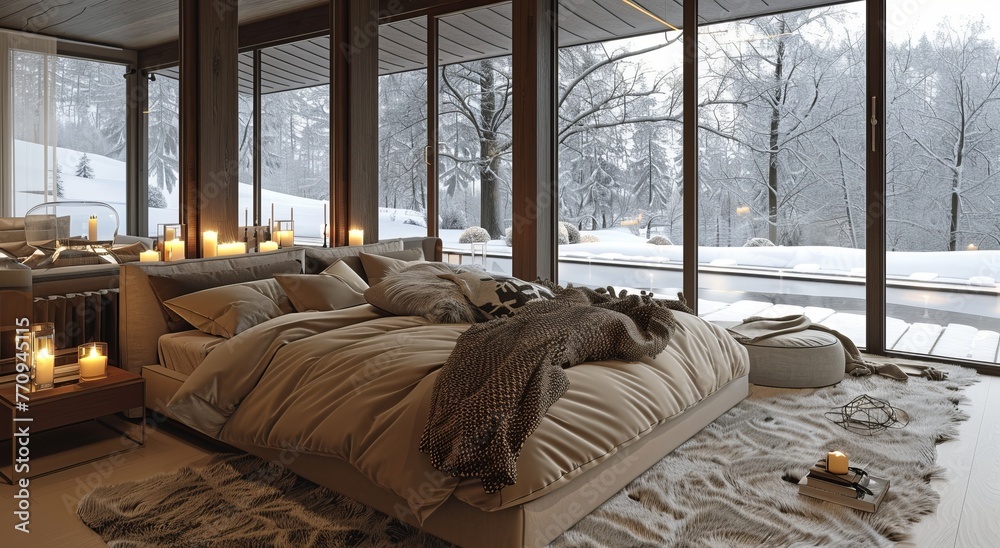 Wall mural modern bedroom with large windows, winter landscape outside, cozy bed in the center of room, soft fl - Wall murals