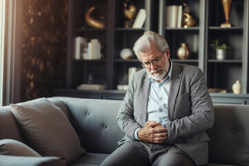 Elegant Senior Man Sitting on a Grey Sofa in a Stylish Room