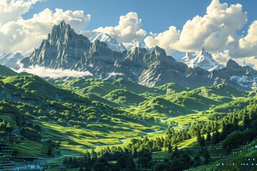 This photo showcases a painting capturing a mountain range with vibrant green grass and trees, A landscape filled with mountains made of 1's and 0's, AI Generated