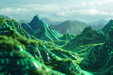 This computer-generated image showcases the grandeur of a mountain range with its towering peaks and rugged landscape, A landscape filled with mountains made of 1's and 0's, AI Generated