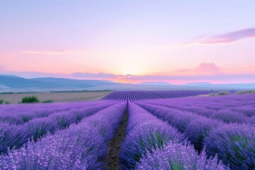A vibrant lavender field with a colorful sunset as the backdrop, A landscape of a stunning lavender field beneath a clear twilight sky, AI Generated