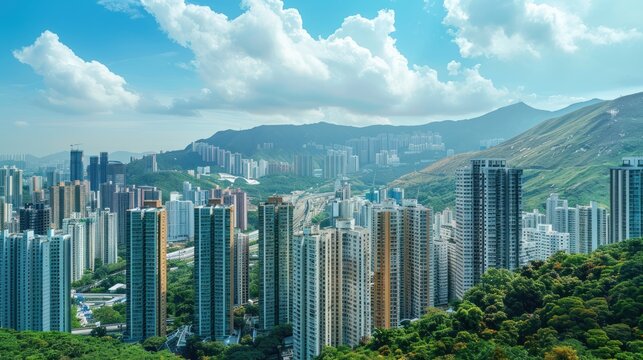 Modern city buildings view with high mountain landscape. AI generated image
