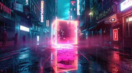 Digital futuristic 3d volumetric glowing cube in the city street with neon background. AI generated - obrazy, fototapety, plakaty
