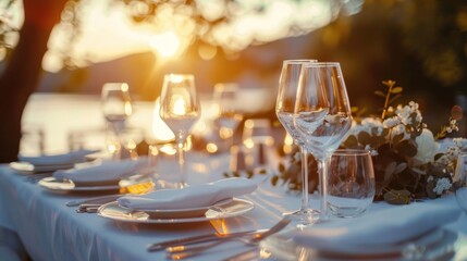 Luxury outdoor wedding dinner table set sparkling glassware and pristine white plates. AI generated