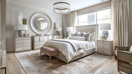 A contemporary bedroom that is bright, featuring mirrors in its interior design