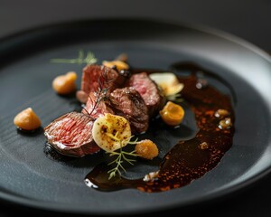 An elegantly plated beef fillet with a glaze and carefully placed garnishes on a dark plate.