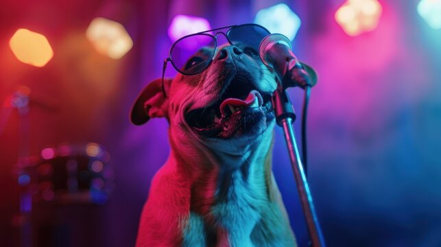 Portrait dog in glasses singing on karaoke stage background. AI generated image