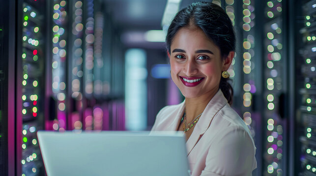 Modern Sri Lankan business woman wearing business attire. She is working on a laptop with an excited smile. In the background is a datacenter with servers. 