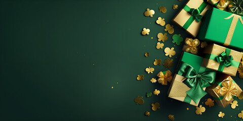 Caixas de presente verdes presentes verdes com fita de ouro no fundo de bokeh e luzes de férias presentes em um fundo escuro papel de embrulho brilhante aniversário ano novo clima de férias laço de ou