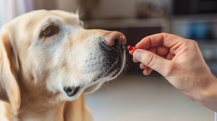 A veterinarian give vitamin to a Labrador dog animal. AI generated image