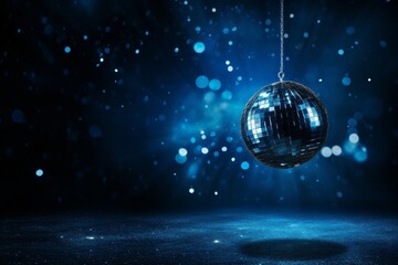 Disco ball on blue sparkling festive background with space for text and celebratory events