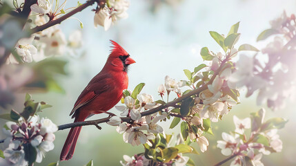 Red cardinal bird sits on a blossoming branch of an apple tree, with empty copy space