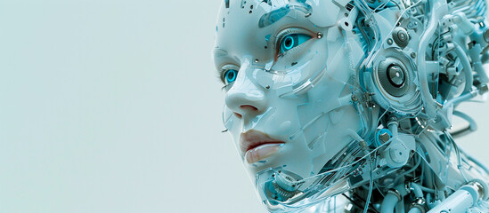 Woman robot closeup on a white background with copy space. Wires and micro boards on the head. - obrazy, fototapety, plakaty