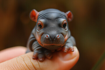 Nestled comfortably in the cradle of a human hand, a perfectly crafted hippopotamus figurine—boasts intricate details that bring the charm of the wild into an astonishingly small scale.  - obrazy, fototapety, plakaty